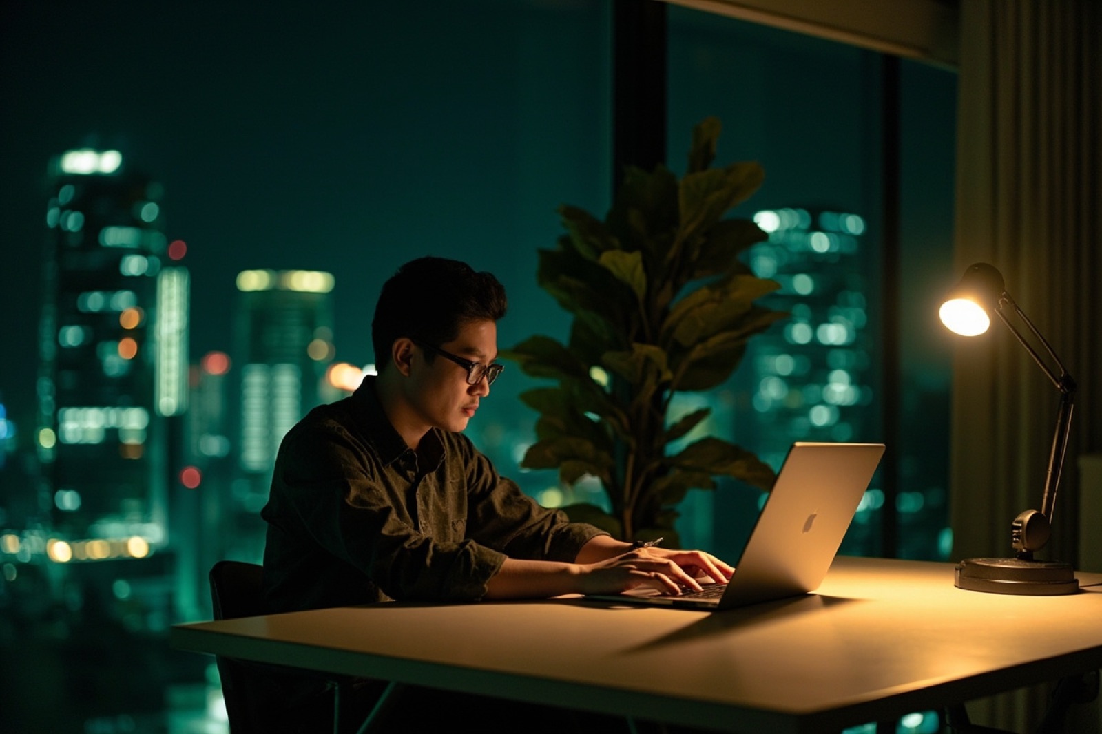 A professional working late at night with city lights outside the window