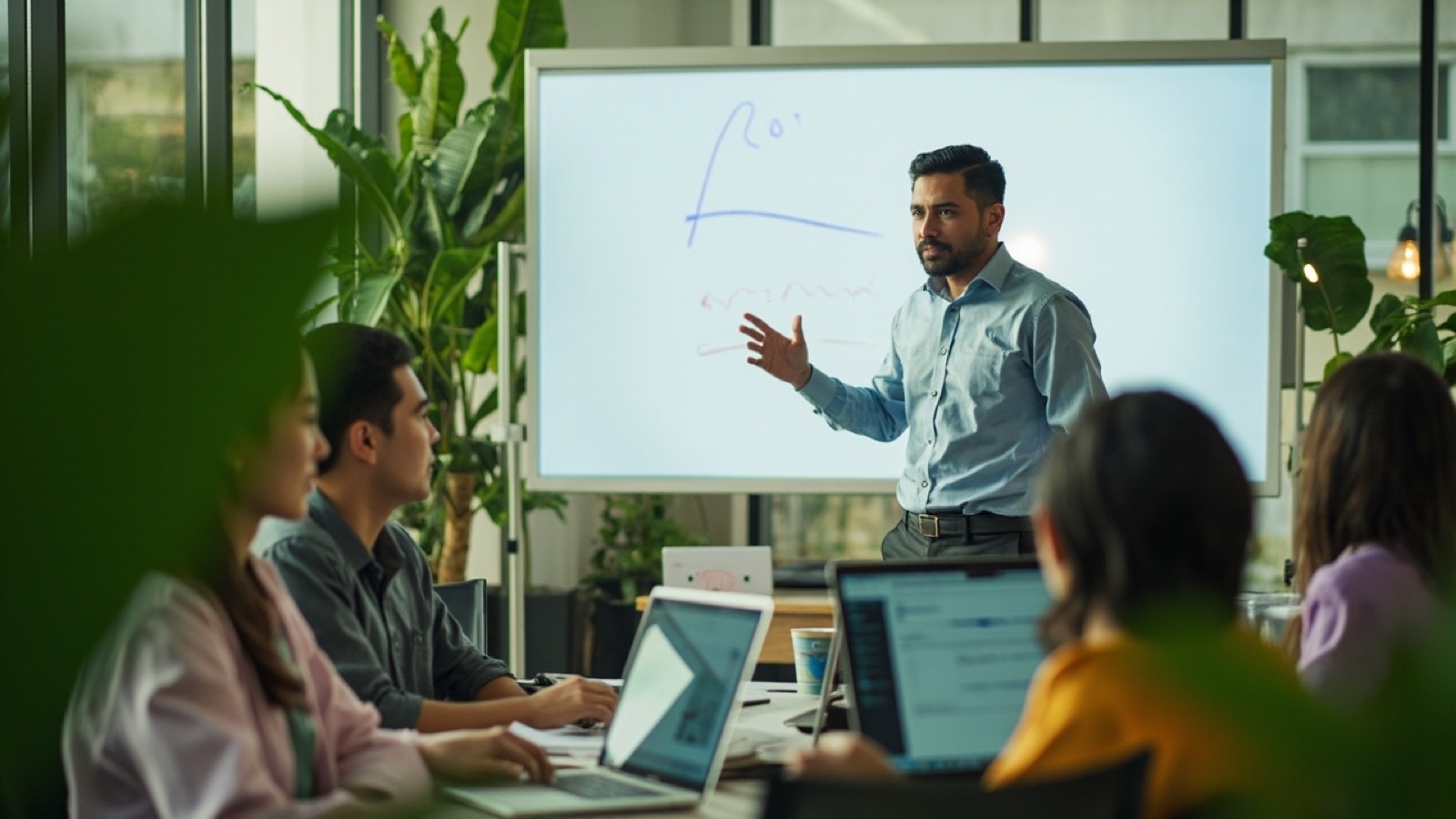A trainer leading a small group session in a modern office